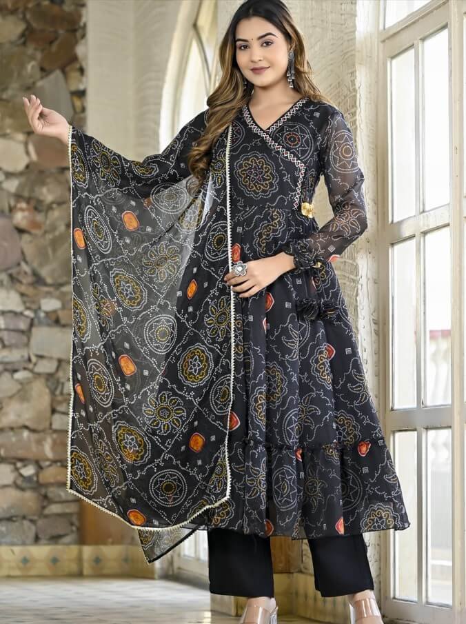 Improve your look with the Black Chiffon Bandhani Printed Angrakha Style Anarkali Suit Set.
