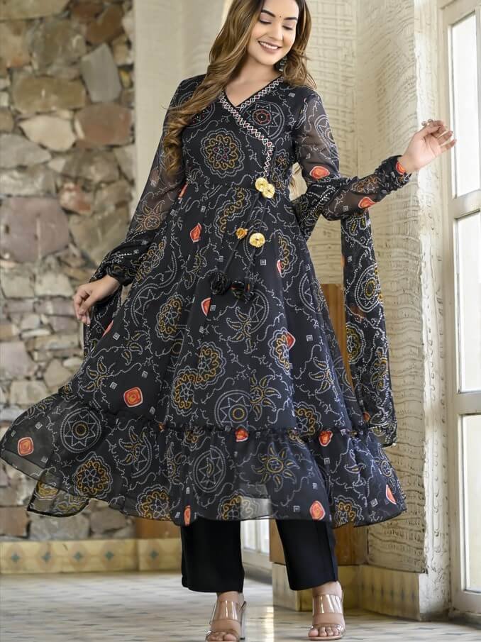 Improve your look with the Black Chiffon Bandhani Printed Angrakha Style Anarkali Suit Set. image 2