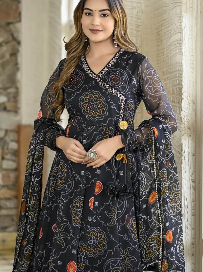 Improve your look with the Black Chiffon Bandhani Printed Angrakha Style Anarkali Suit Set. image 3