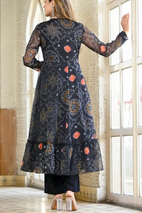 Improve your look with the Black Chiffon Bandhani Printed Angrakha Style Anarkali Suit Set. image 4