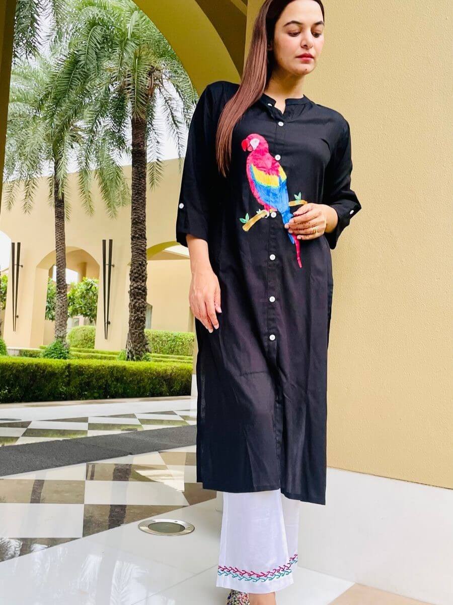 Enhance Your Style with a Black Rayon Parrot Handpainted Kurta and Pants Set image 2