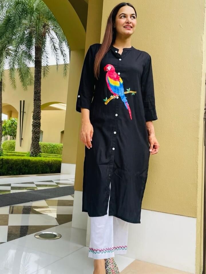 Enhance Your Style with a Black Rayon Parrot Handpainted Kurta and Pants Set
