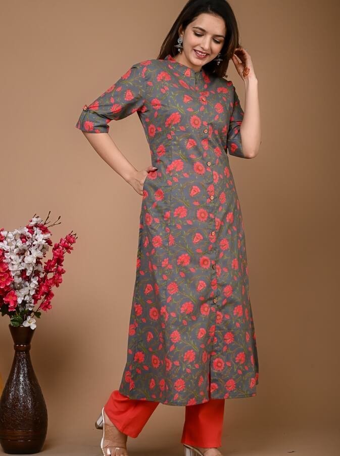 Look Stylish with a Grey Floral Cotton A-Line Kurta Set