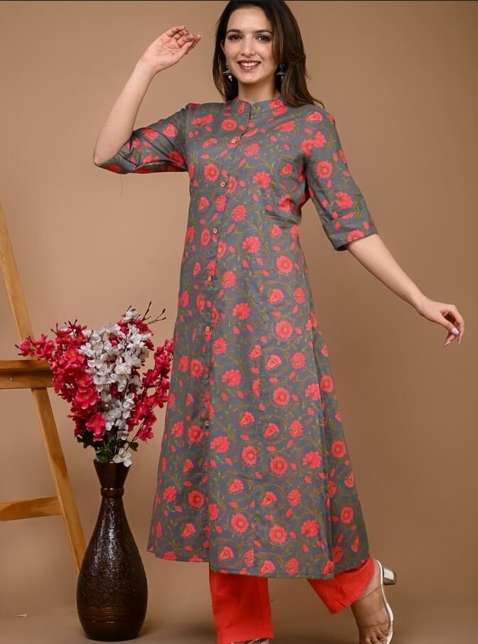 Look Stylish with a Grey Floral Cotton A-Line Kurta Set image 2