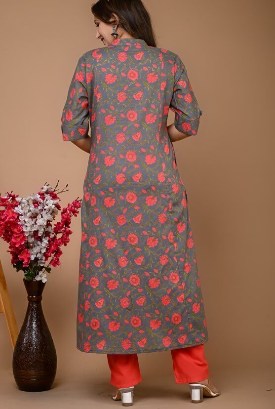 Look Stylish with a Grey Floral Cotton A-Line Kurta Set image 4