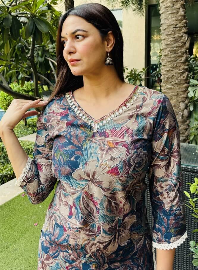 Wear style and comfort with the Multicolor Floral Printed Muslin Kurta Dhoti Set. image 4