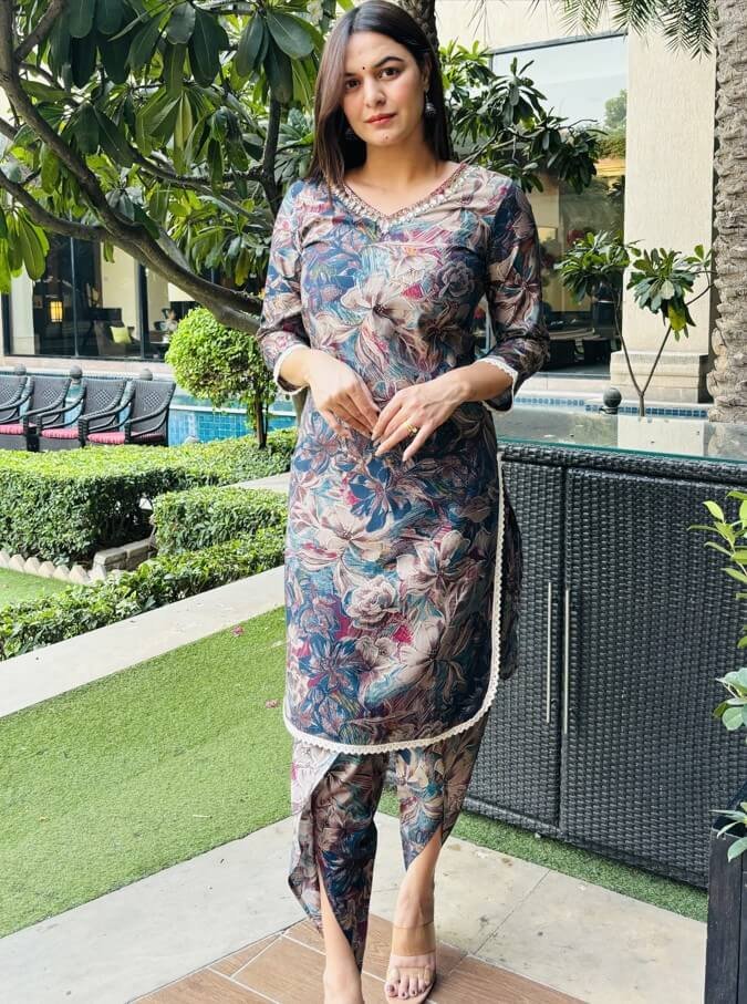 Wear style and comfort with the Multicolor Floral Printed Muslin Kurta Dhoti Set. image 2