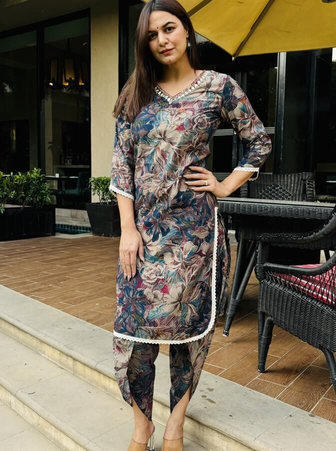 Wear style and comfort with the Multicolor Floral Printed Muslin Kurta Dhoti Set.