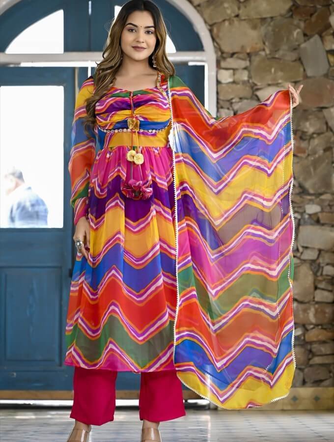 Stylish and Elegant Multicolor Chiffon Lehariya Printed Flared Kurti Set with Padding