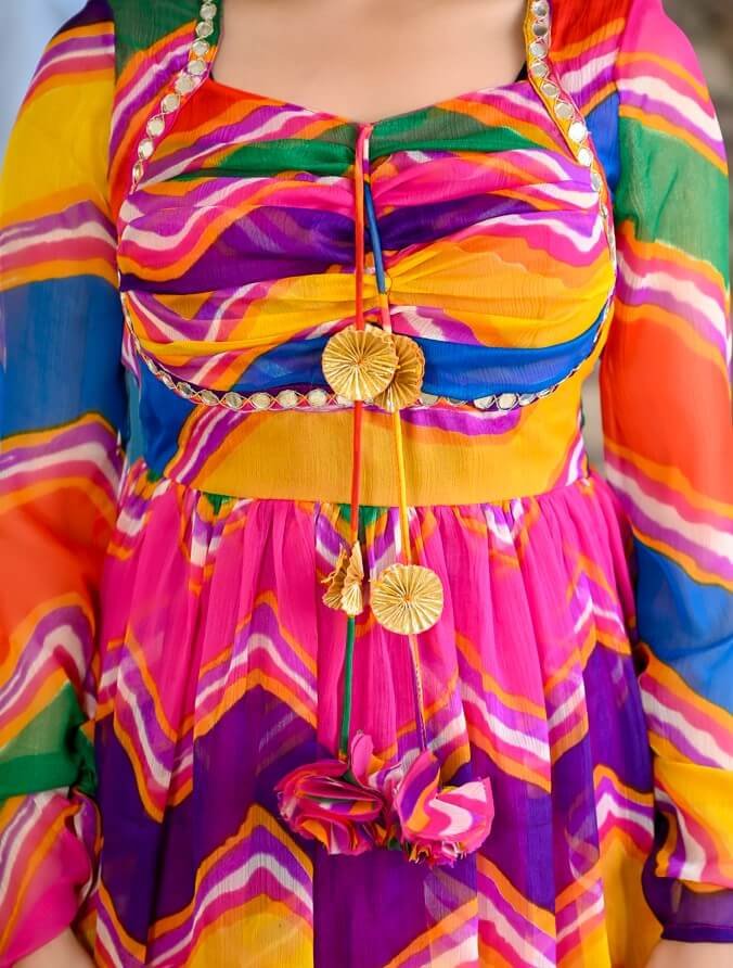 Stylish and Elegant Multicolor Chiffon Lehariya Printed Flared Kurti Set with Padding image 4