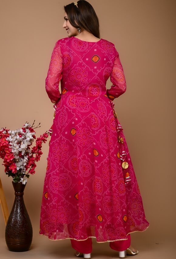 Get ready to shine with the Magenta Pink Chiffon Bandhani Printed Anarkali Suit Set! image 3