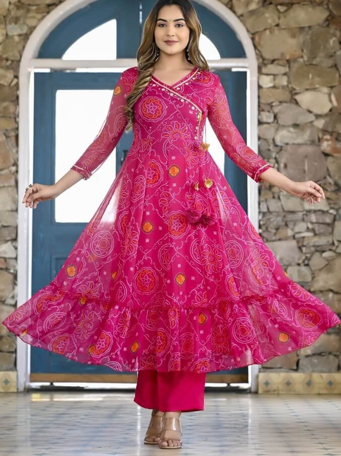 Make Your Look Bright with a Magenta Pink Chiffon Bandhni Printed Angrakha Style Anarkali Suit Set image 2