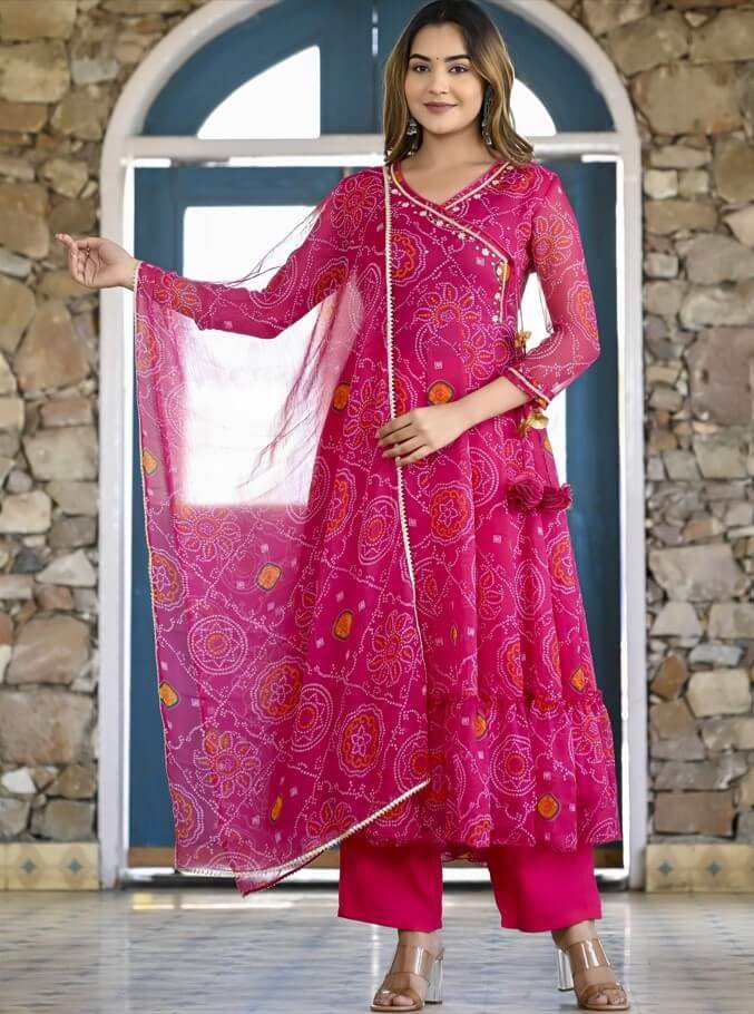 Make Your Look Bright with a Magenta Pink Chiffon Bandhni Printed Angrakha Style Anarkali Suit Set