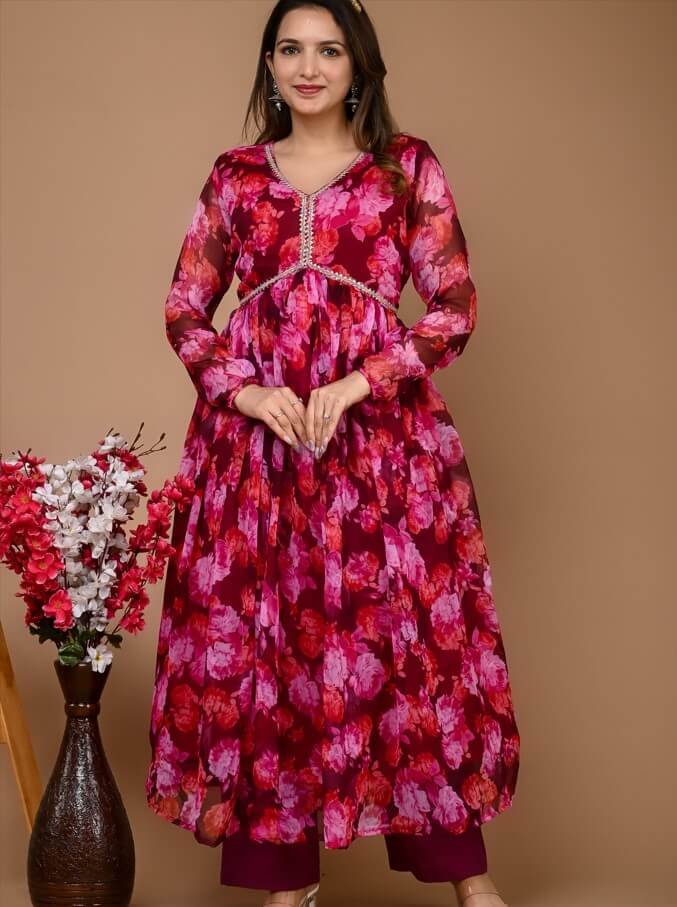Add Glamour with a Wine-Colored Floral Printed Chiffon Alia Cut Suit Set image 2