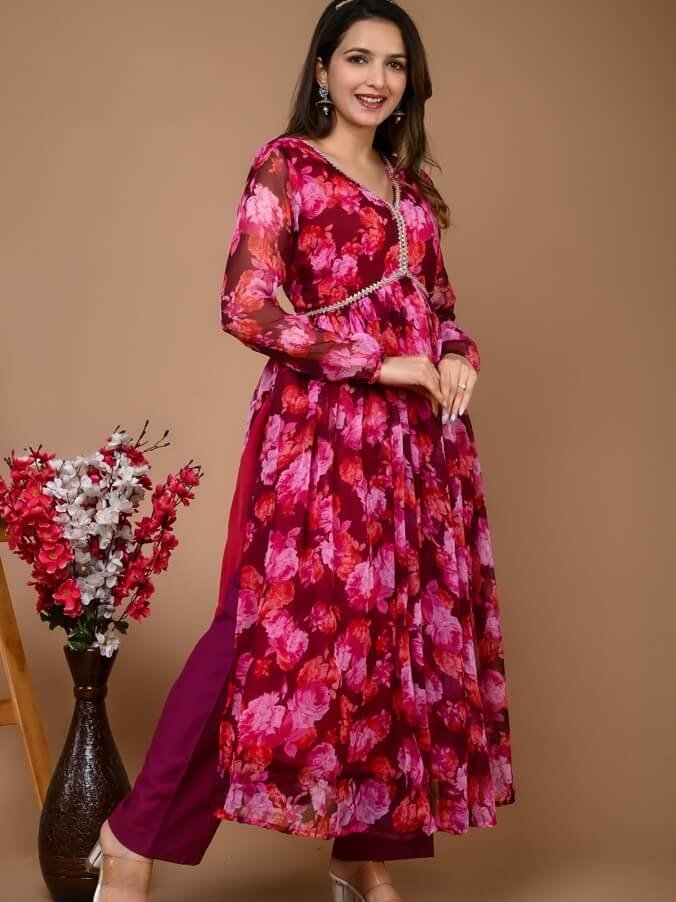 Add Glamour with a Wine-Colored Floral Printed Chiffon Alia Cut Suit Set image 3