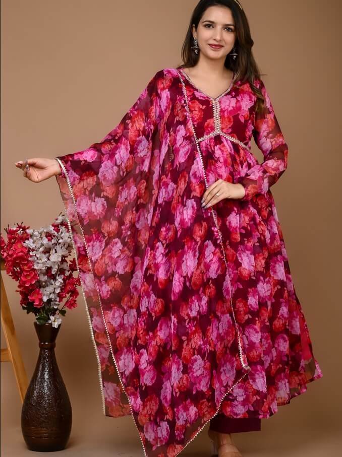 Add Glamour with a Wine-Colored Floral Printed Chiffon Alia Cut Suit Set