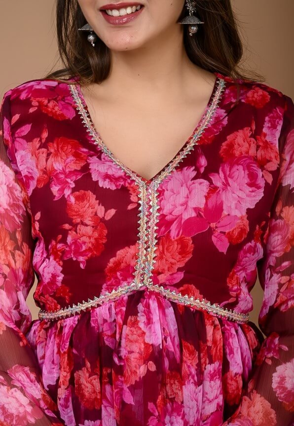 Add Glamour with a Wine-Colored Floral Printed Chiffon Alia Cut Suit Set image 5