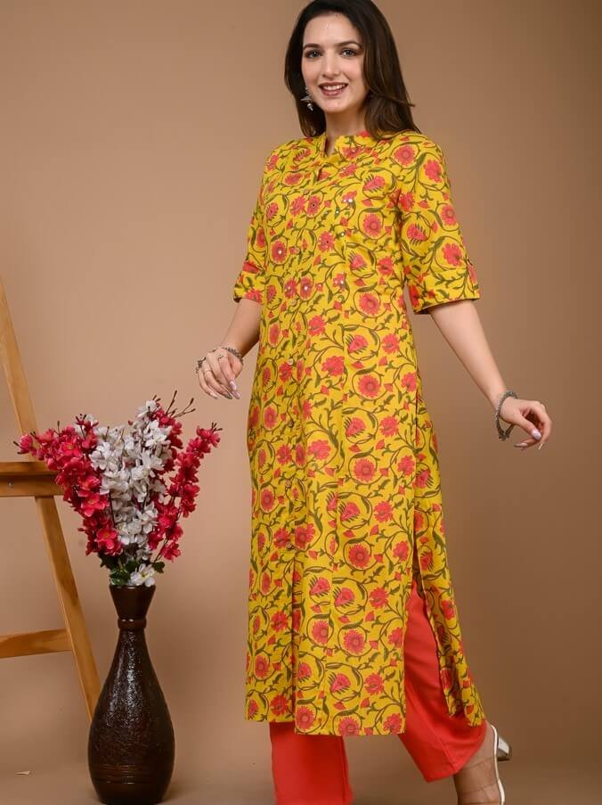 Add some sparkle with a yellow cotton kurta and pant set with floral prints. image 2