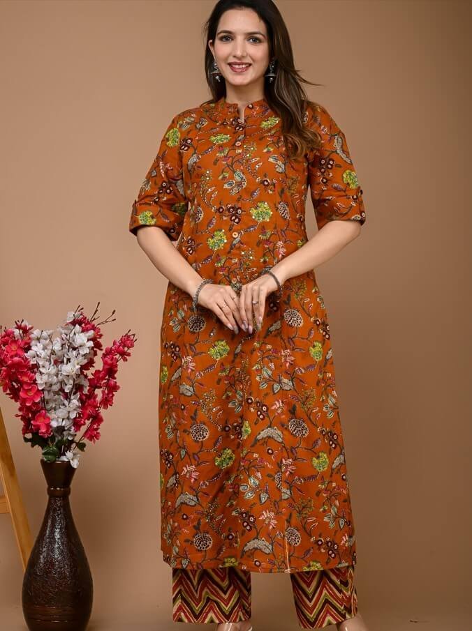 Shine Bright in a Brown Cotton Floral A-Line Kurta Set