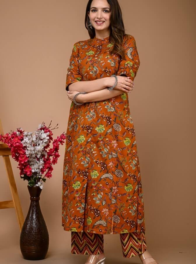 Shine Bright in a Brown Cotton Floral A-Line Kurta Set image 2