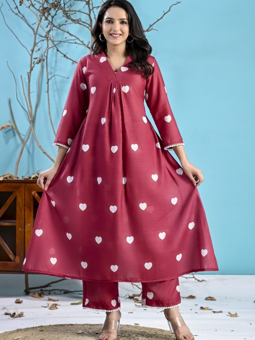 Improve Your Style with the Maroon Cotton Heart Print Co-Ord Set image 2