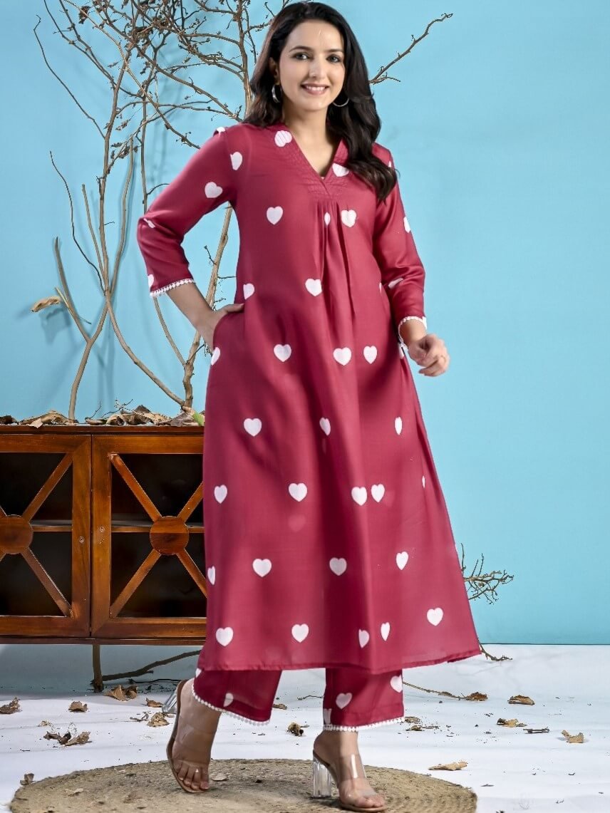 Improve Your Style with the Maroon Cotton Heart Print Co-Ord Set