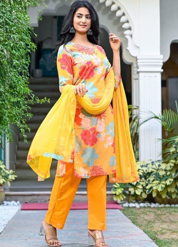 Experience the charm of the Yellow Floral Printed Chinnon Kurta Set. image 2