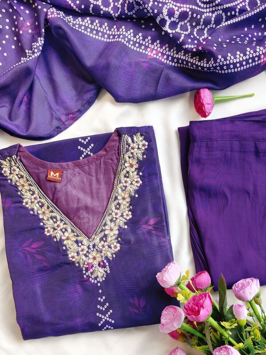 Brighten Your Look with a Purple Muslin Silk Bandhani Printed Kurta, Pant, and Dupatta Set image 5
