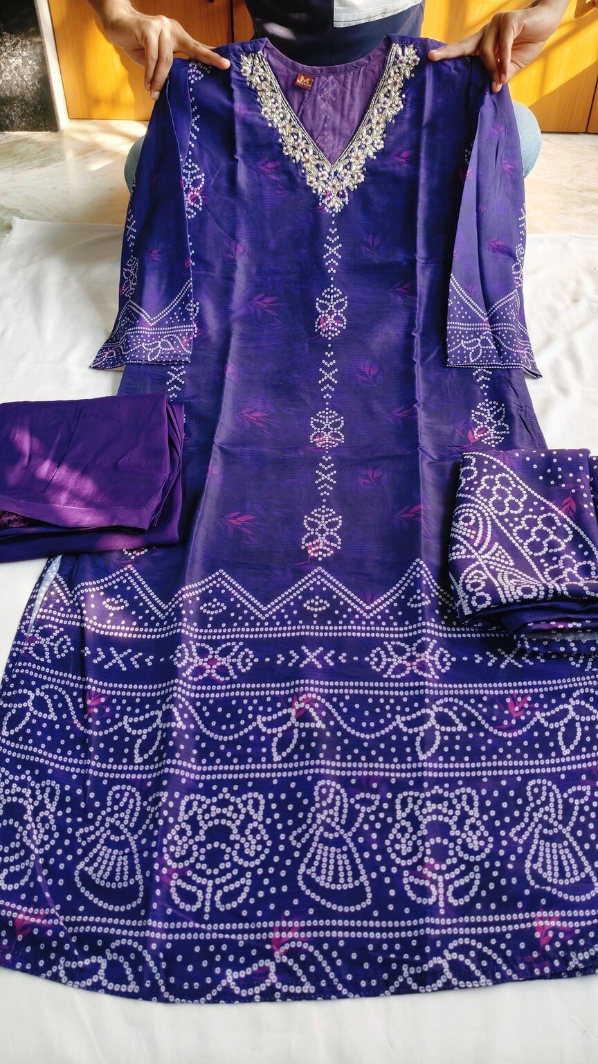Brighten Your Look with a Purple Muslin Silk Bandhani Printed Kurta, Pant, and Dupatta Set image 4