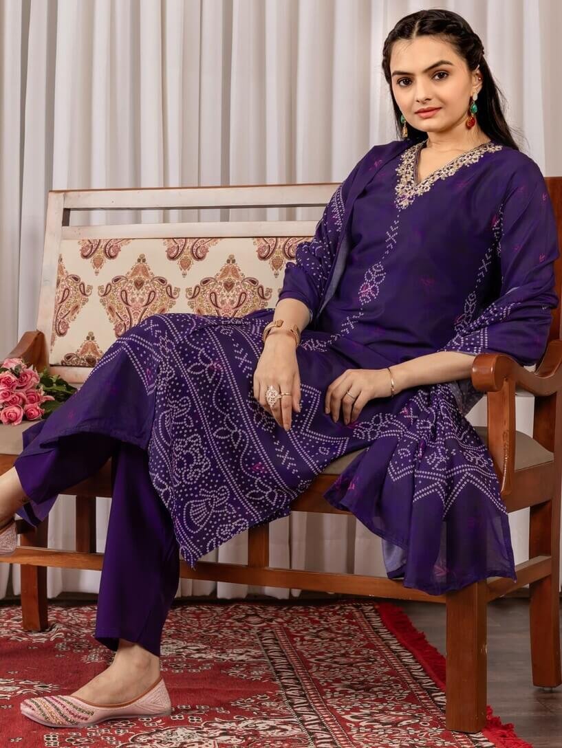 Brighten Your Look with a Purple Muslin Silk Bandhani Printed Kurta, Pant, and Dupatta Set image 2