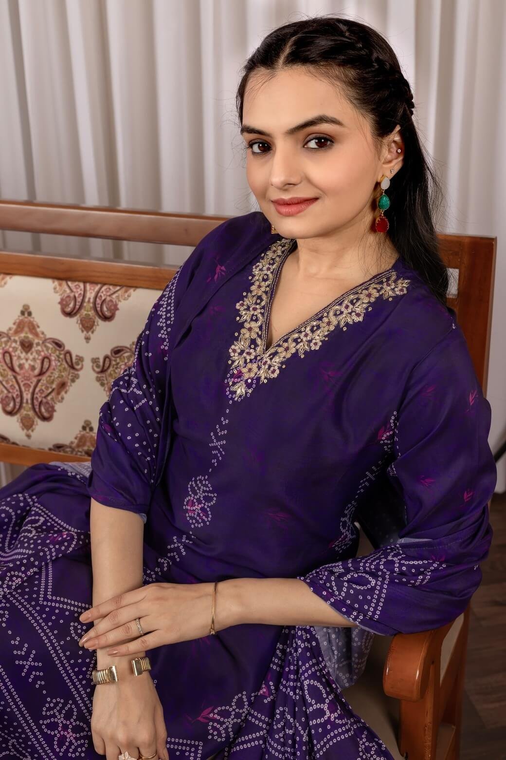 Brighten Your Look with a Purple Muslin Silk Bandhani Printed Kurta, Pant, and Dupatta Set image 3