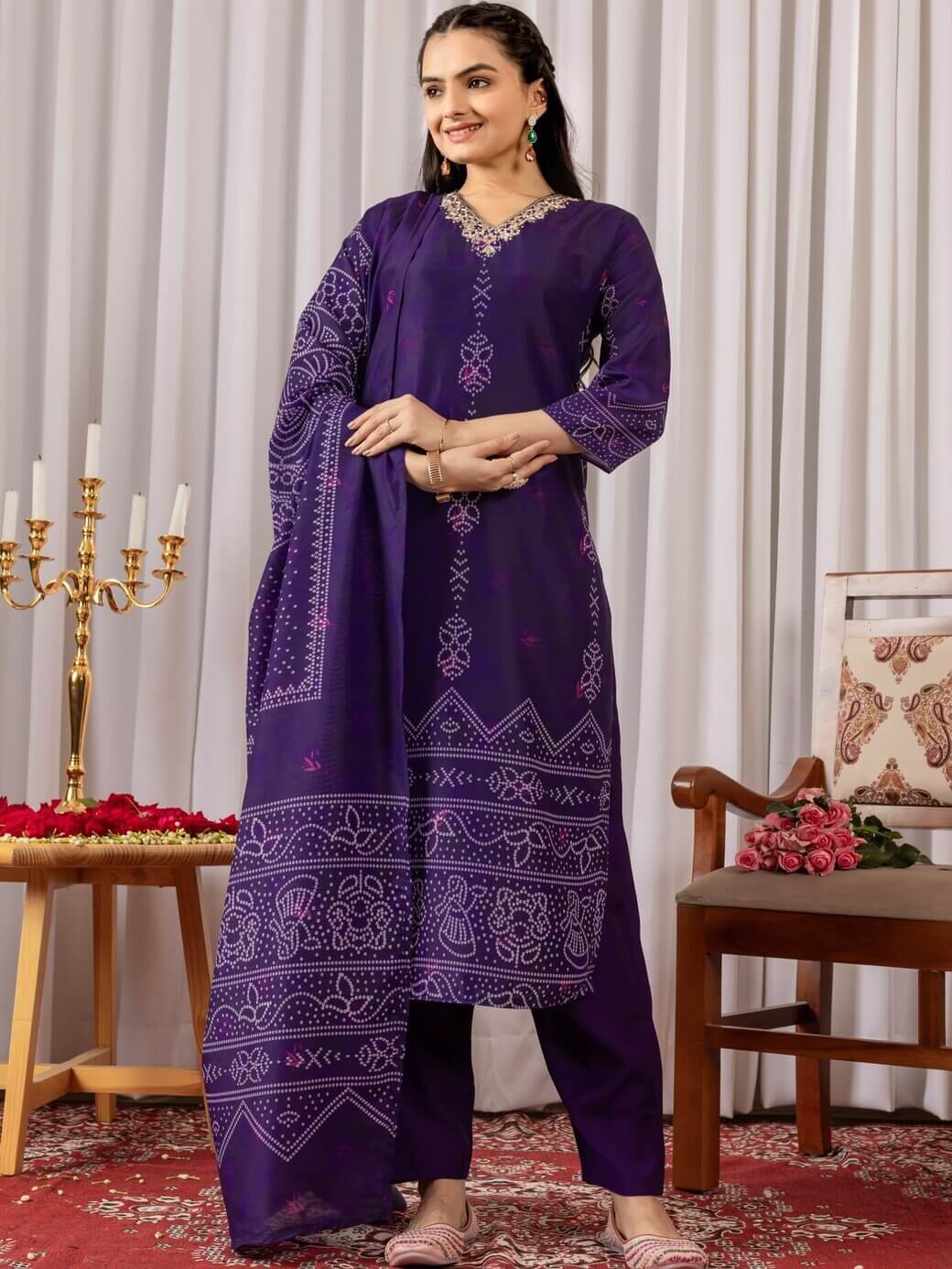 Brighten Your Look with a Purple Muslin Silk Bandhani Printed Kurta, Pant, and Dupatta Set