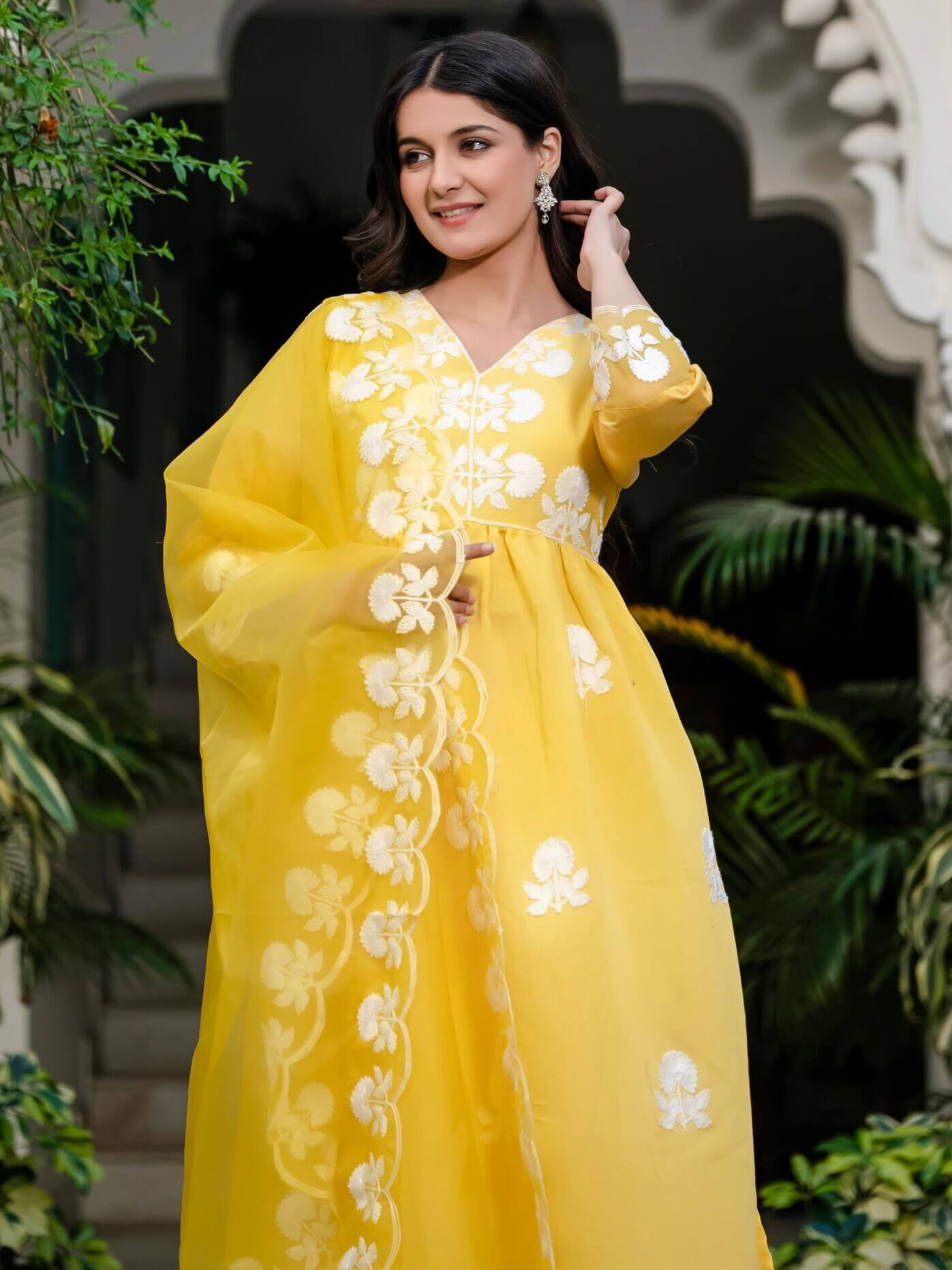 Upgrade your style with a yellow Roman silk kurta and pants set, complete with a matching dupatta. image 2