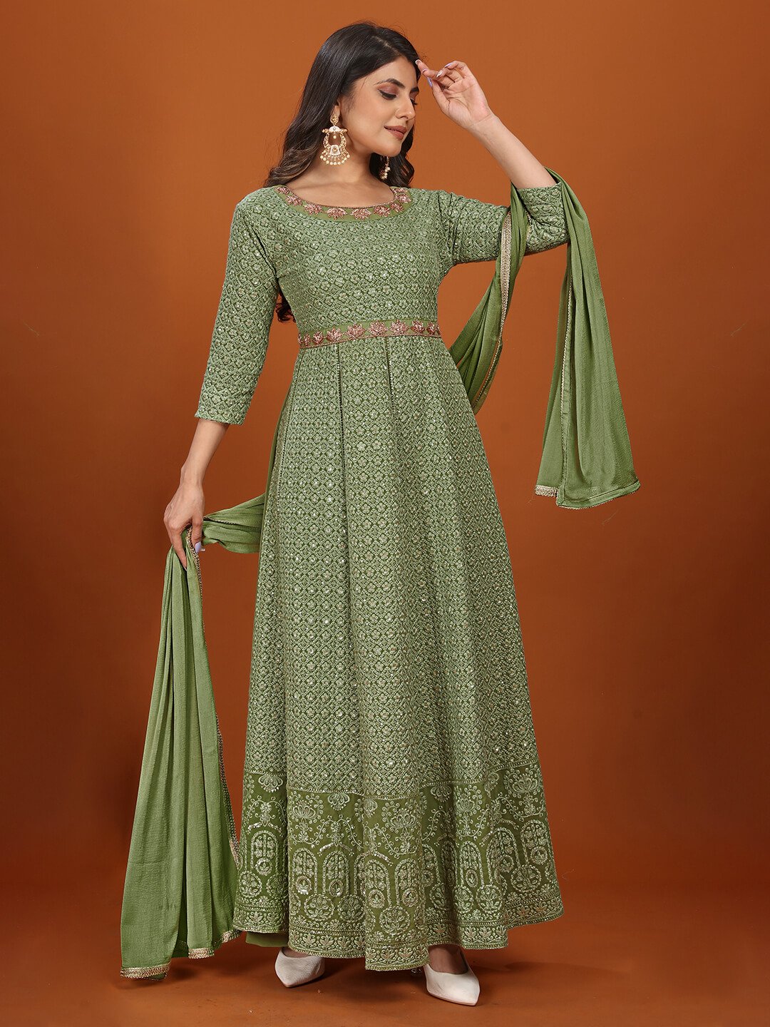 Shine Bright in a Green Georgette Embroidered Gown with Dupatta
