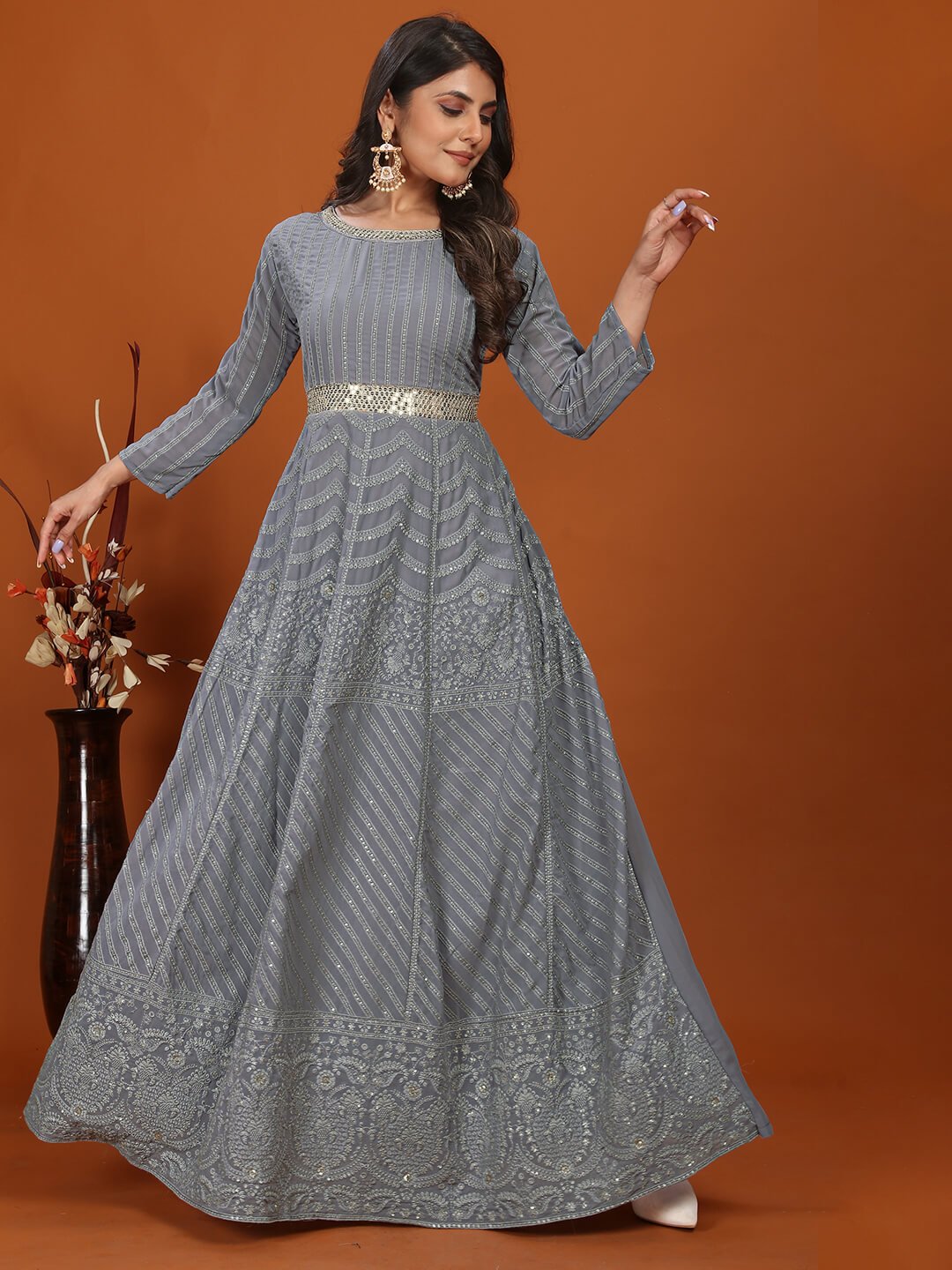 Shine Bright in a Grey Georgette Embroidered Gown with Dupatta image 2