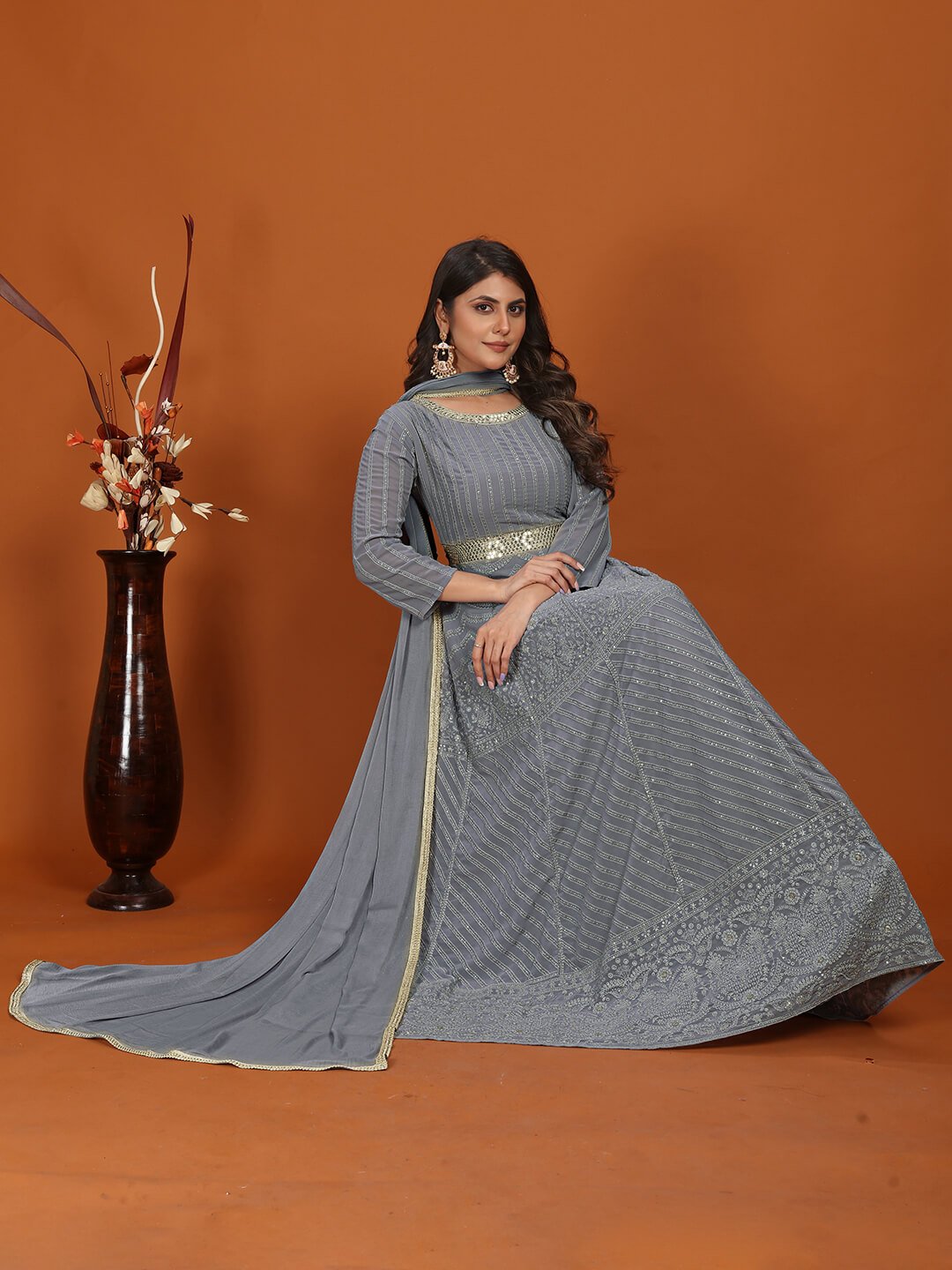 Shine Bright in a Grey Georgette Embroidered Gown with Dupatta image 3