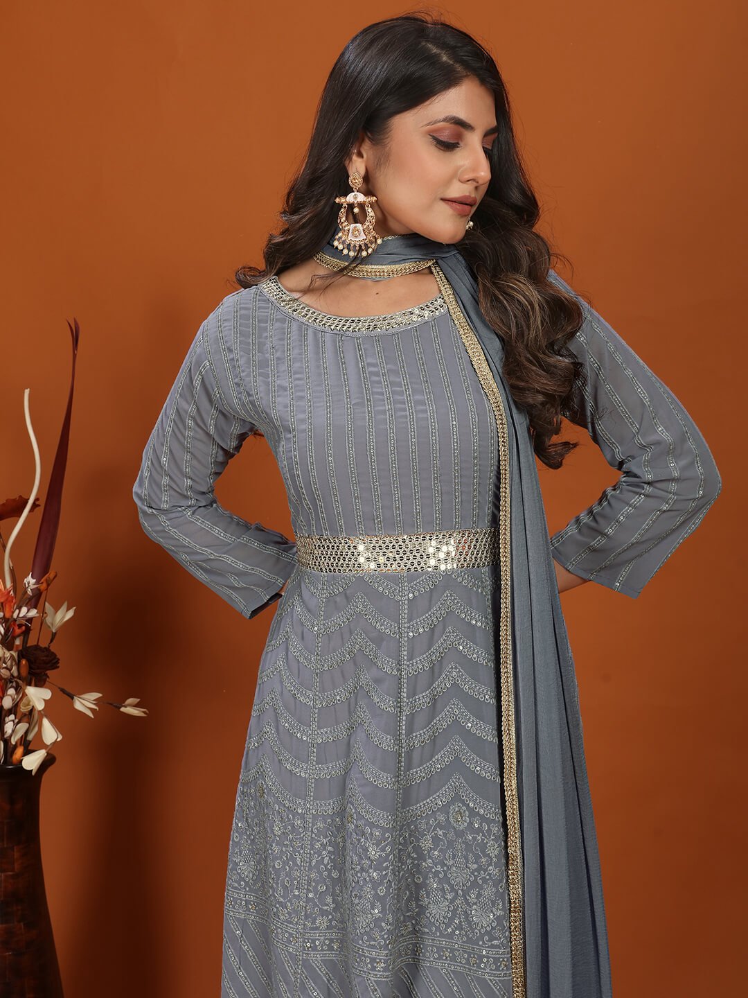 Shine Bright in a Grey Georgette Embroidered Gown with Dupatta image 4