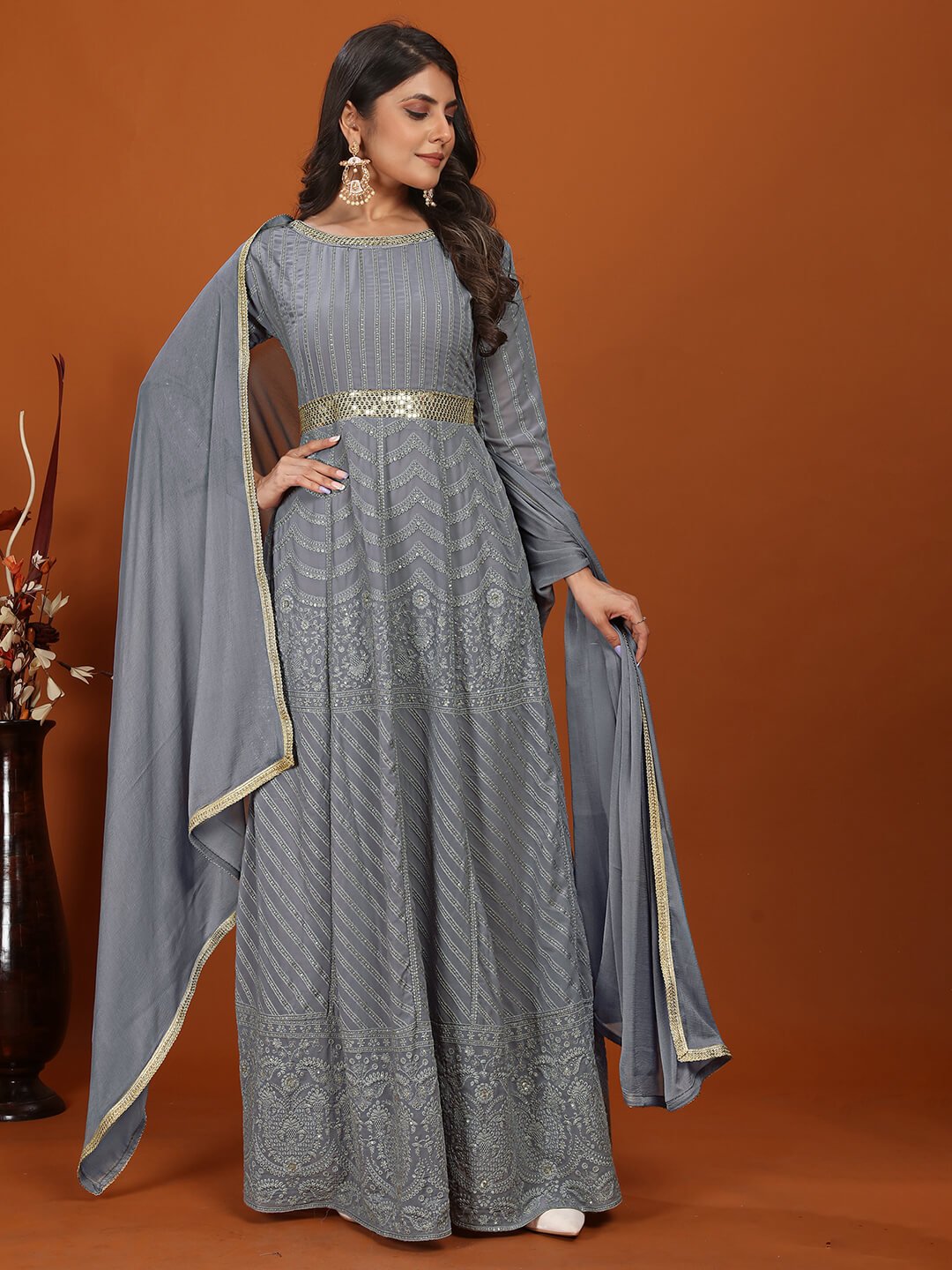 Shine Bright in a Grey Georgette Embroidered Gown with Dupatta
