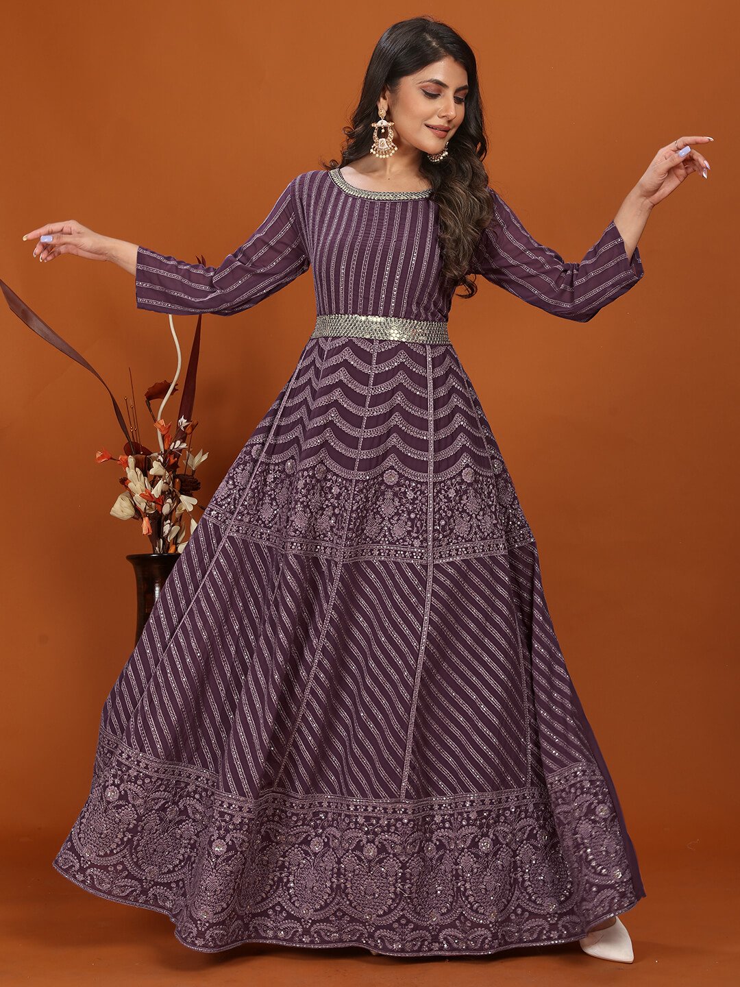 Shine in Style with a Wine Georgette Embroidered Gown and Dupatta image 2