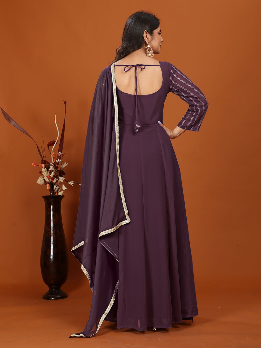 Shine in Style with a Wine Georgette Embroidered Gown and Dupatta image 4