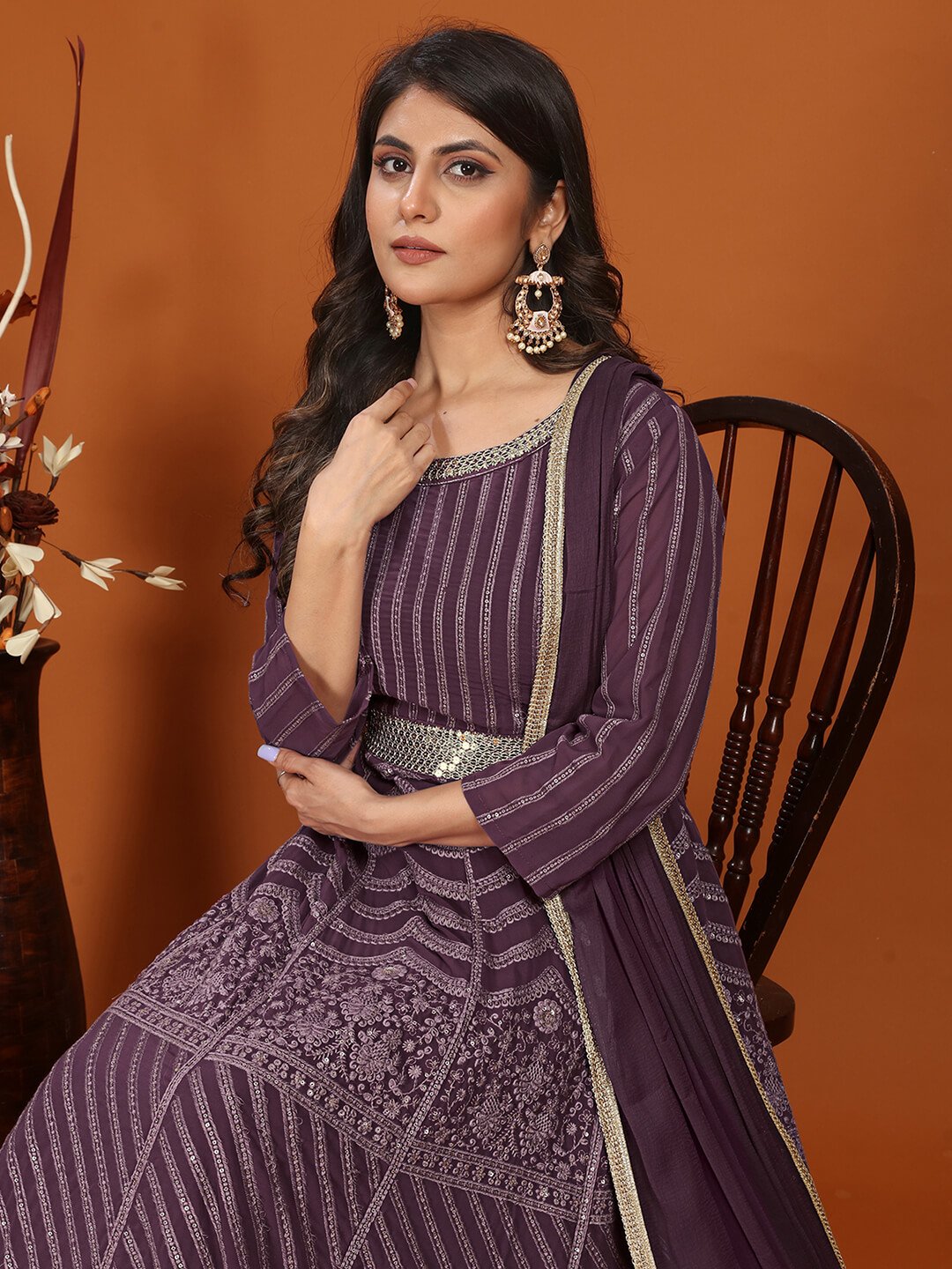 Shine in Style with a Wine Georgette Embroidered Gown and Dupatta image 3
