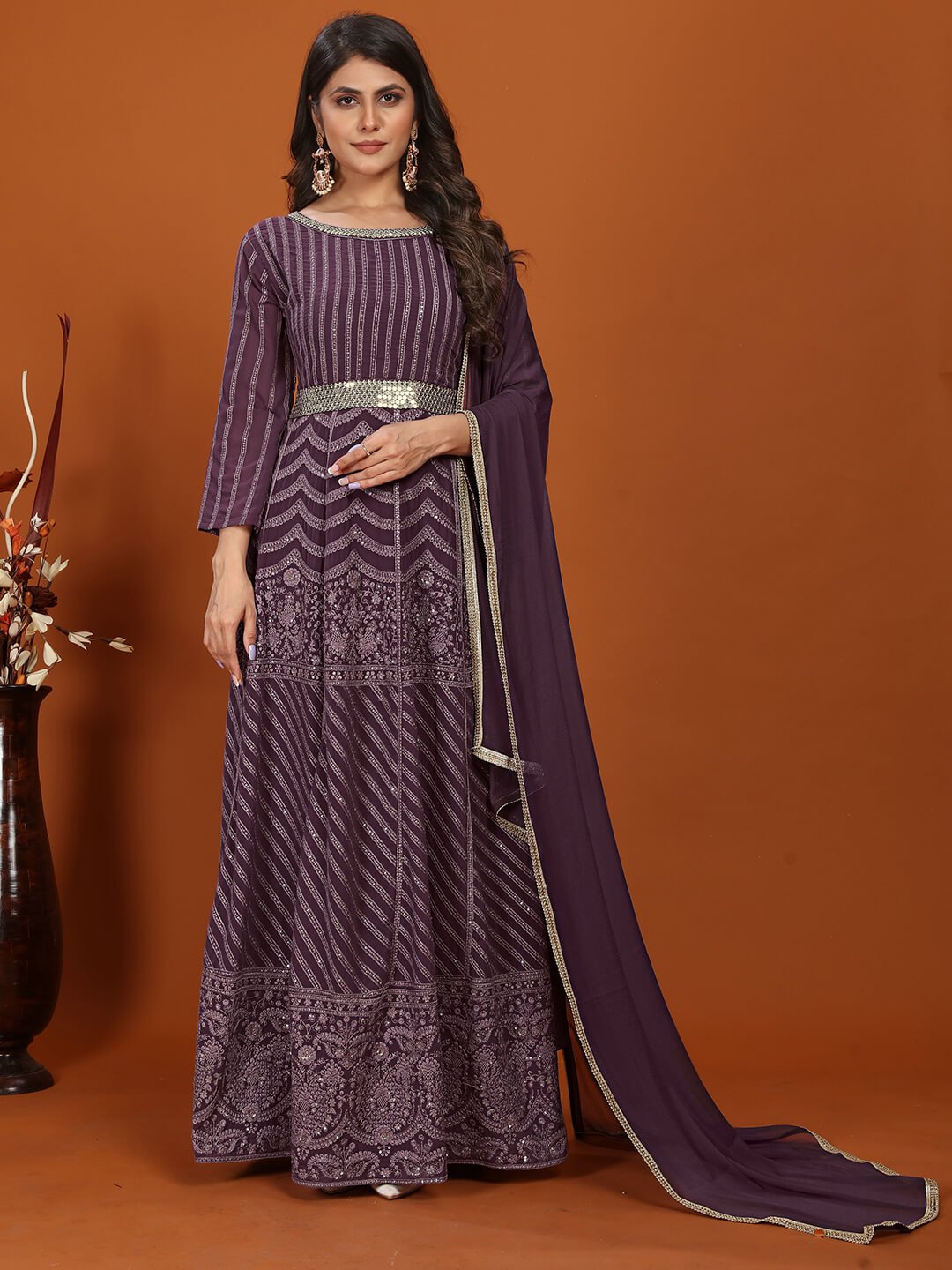 Shine in Style with a Wine Georgette Embroidered Gown and Dupatta