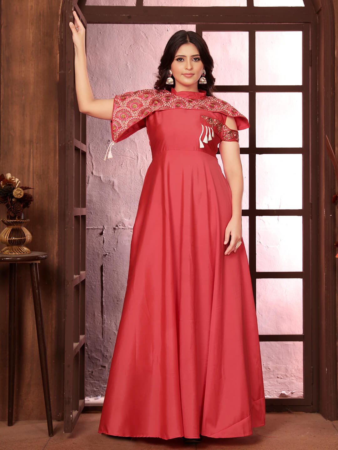 Look Stylish in a Rose Pink Silk Gown with Embroidery image 2