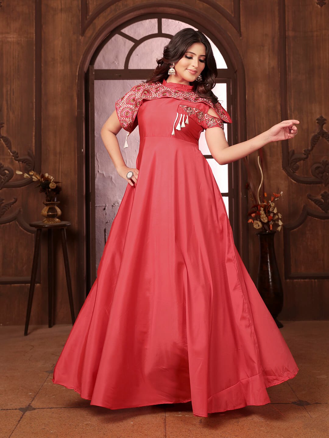 Look Stylish in a Rose Pink Silk Gown with Embroidery