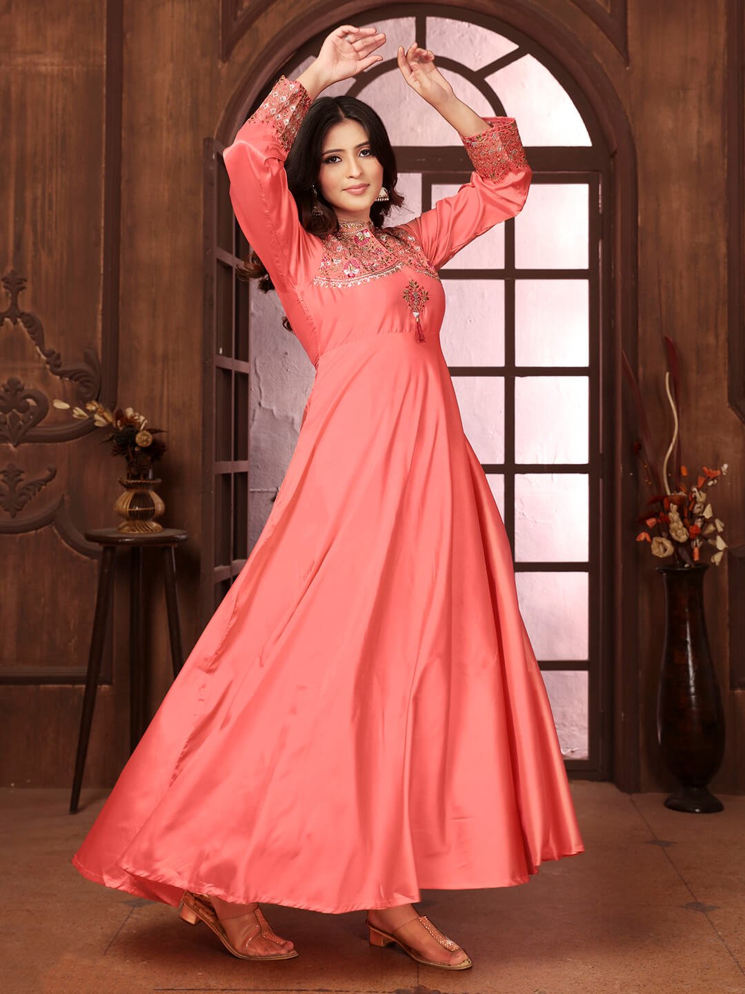 Look Stylish in a Peach Silk Gown with Embroidery