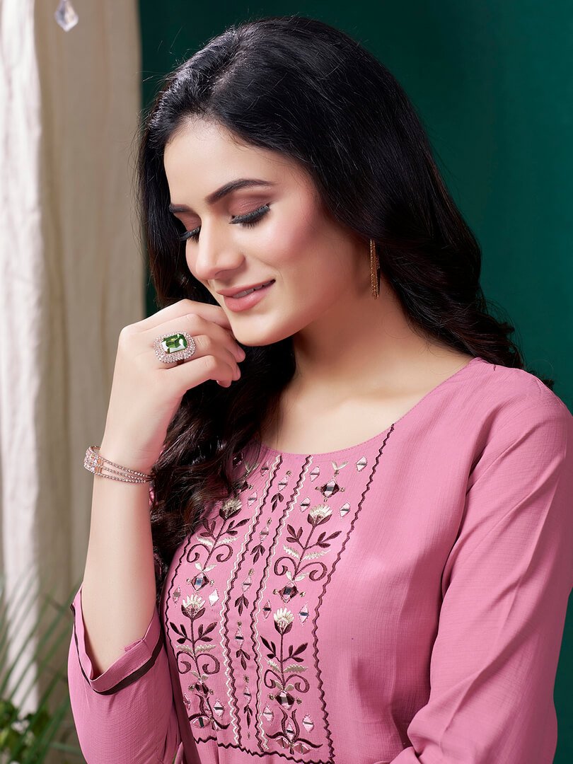 Wear Elegance with a Pink Cotton Kurti Featuring Handwork image 3