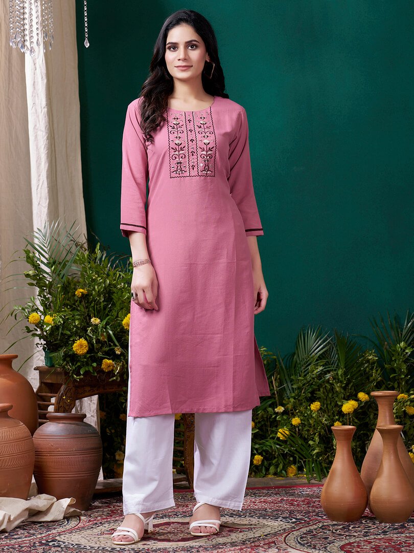 Wear Elegance with a Pink Cotton Kurti Featuring Handwork image 2