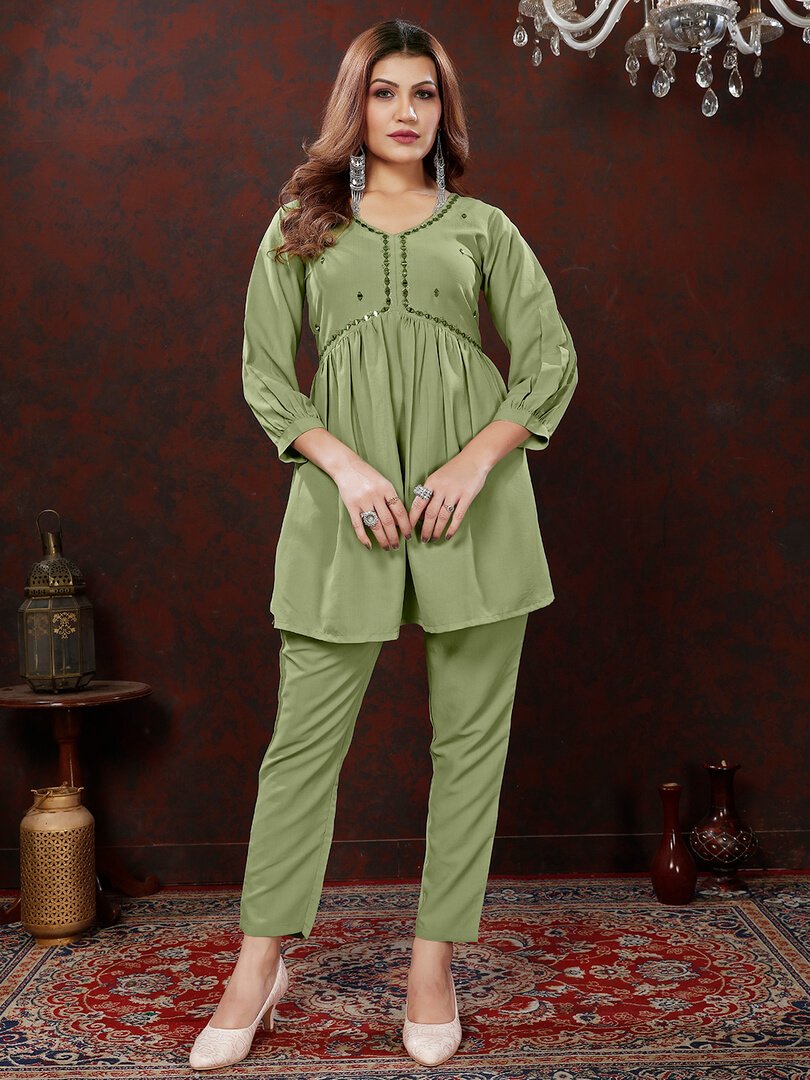 Enhance Your Style with Green Cotton Handwork Outfit Set
