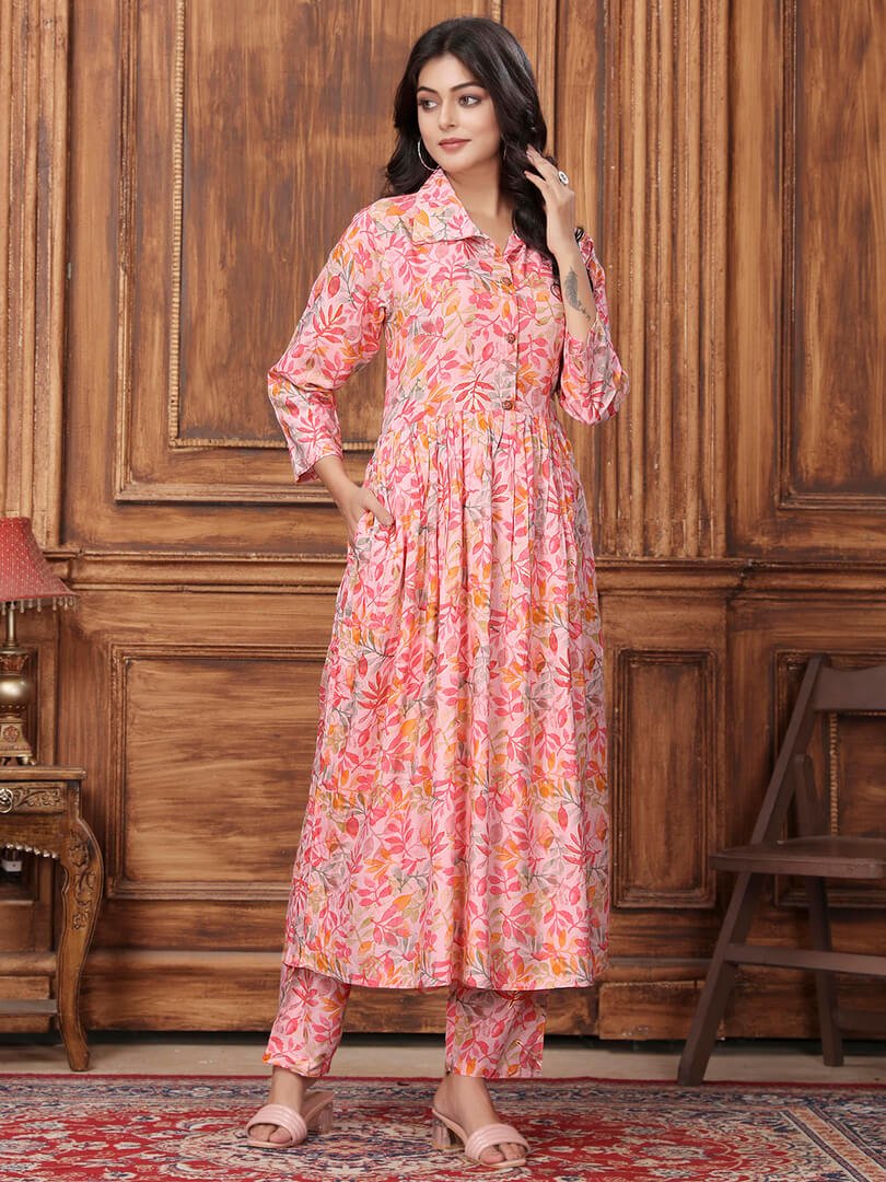 Shine in Style with the Peach Rayon Printed Two-Piece Set