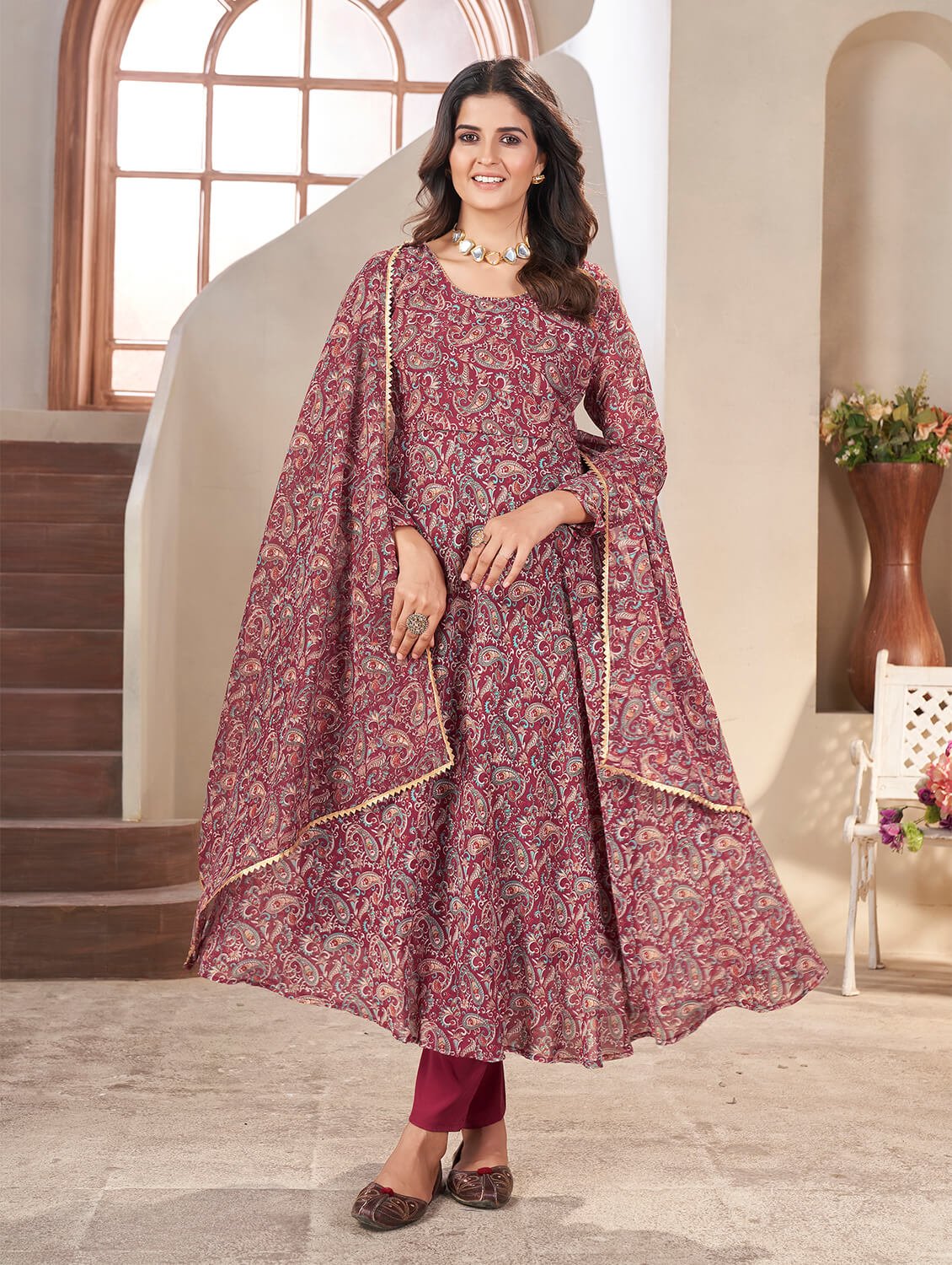 Experience elegance with the Maroon Georgette Printed Anarkali Suit Set. image 3